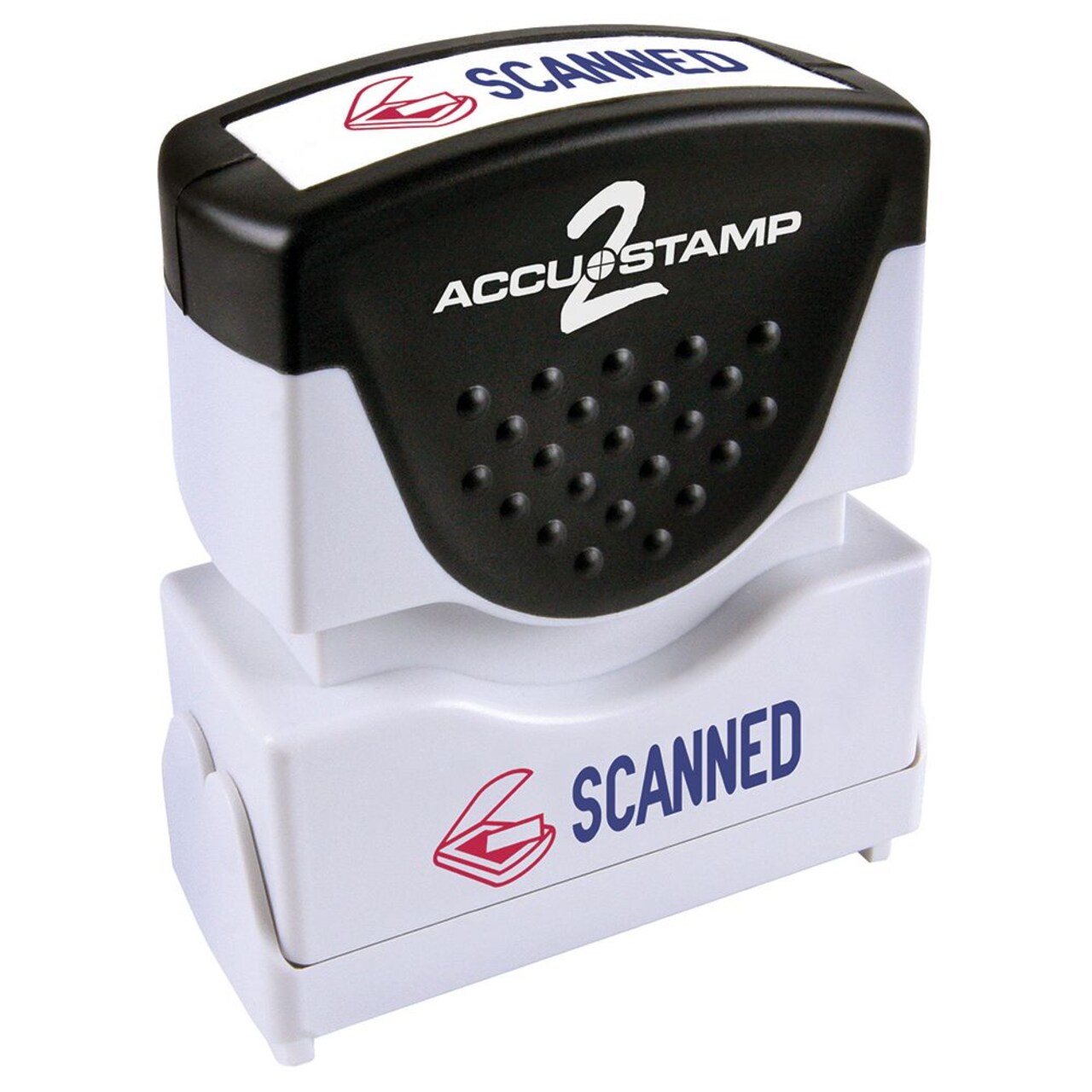 ACCUSTAMP2 Message Stamp, 2- color, Pre-inked, SCANNED, 1-5/8" x 1/2" impression size, Blue Message with Red Symbol